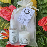 A luxurious spa gift set including Pikake scented sea salt soak, mineralizing deep sea mist, and body butter, all packaged in an organza bag with a branded hang tag. Travel friendly. Great value