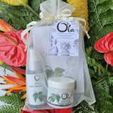A luxurious spa gift set including Rainforest scented sea salt soak, mineralizing deep sea mist, and body butter, all packaged in  an organza bag with a branded hang tag. Travel friendly. Great value