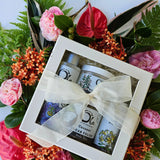 Tropical Luxury boxed gift set comes with full size spa products including all of Ola's beautiful scents: 
Passion fruit body wash, Pikake body butter, Coconut honey sugar body polish, Plumeria mineralizing sea body mist and Rainforest therapeutic sea salts