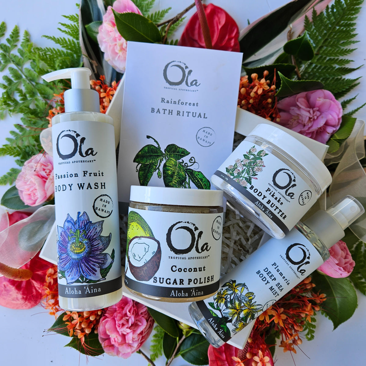 Tropical Luxury boxed gift set comes with full size spa products including all of Ola's beautiful scents: 
Passion fruit body wash, Pikake body butter, Coconut honey sugar body polish, Plumeria mineralizing sea body mist and Rainforest therapeutic sea salts